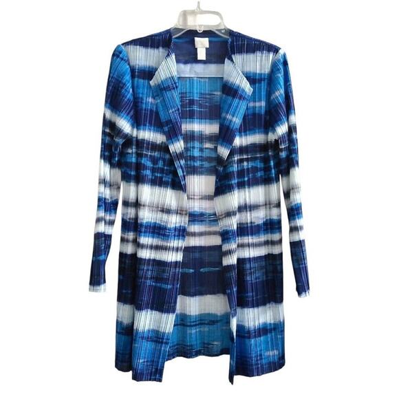 Chico’s Collection Blue Ocean Stripe Crinkle Open Cardigan Jacket Size 2/ Large - Picture 2 of 10